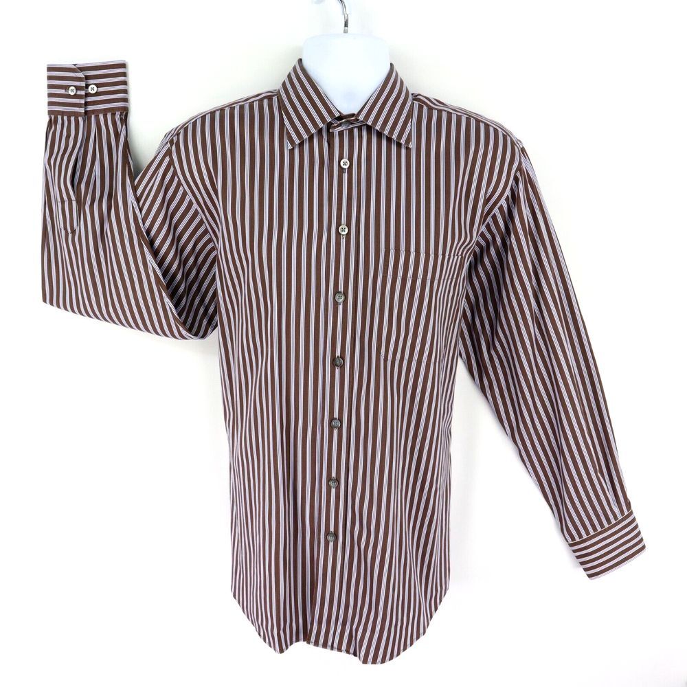 Scott Barber Dress Shirt Mens Size L Brown Striped 100% Cotton Spread Collar